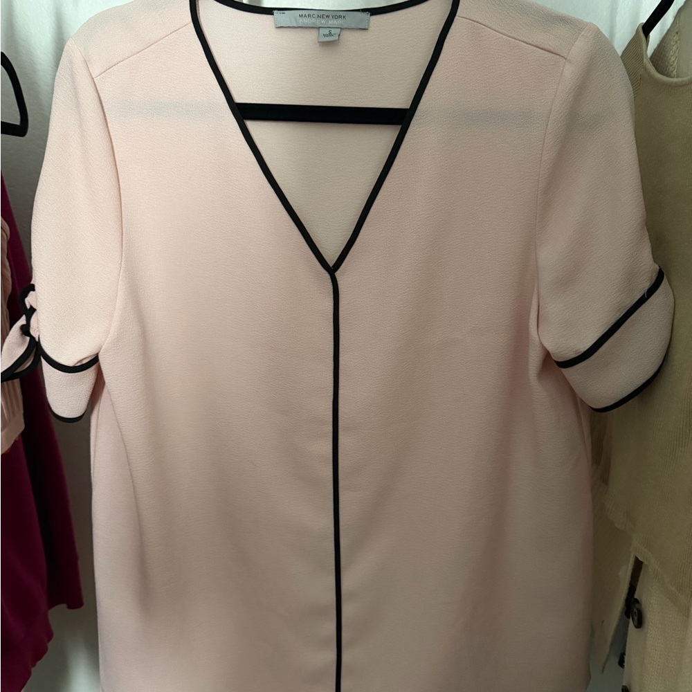 Classic Pink V-Neck Top with Black Trim